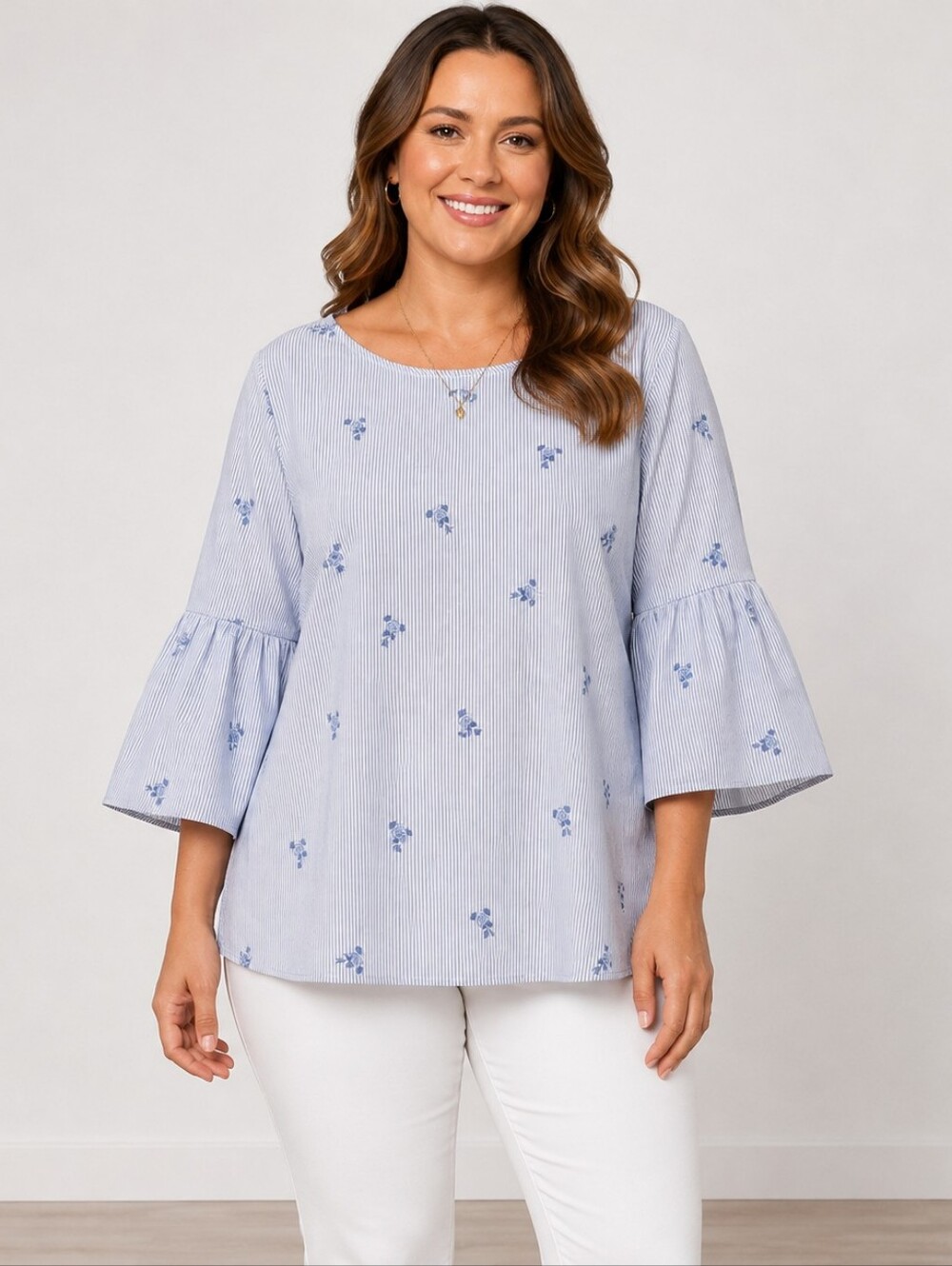 Fred David Blue Pinstripe Floral Bell Sleeve Blouse XL A-298
